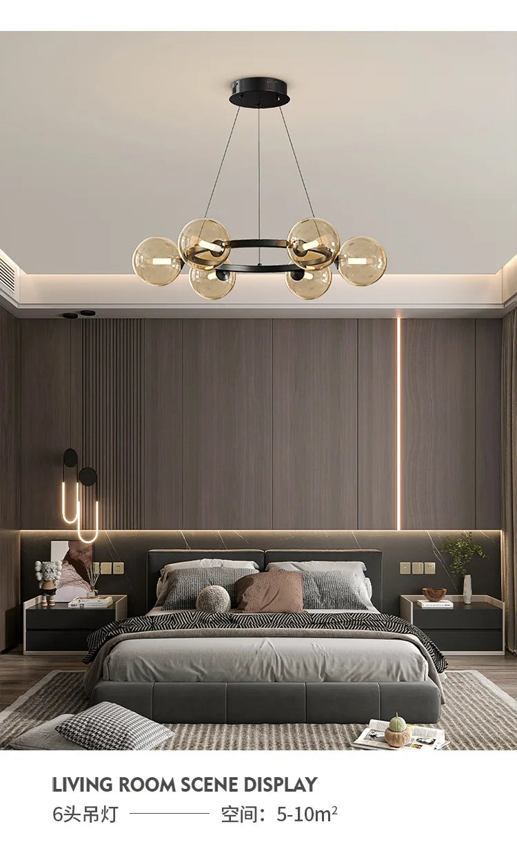 Nordic Modern Iron Art Sphereical Pendant Light Glass Lampshade Led Bedroom Living Dining Room Atmosphere Decorative Chandeliers